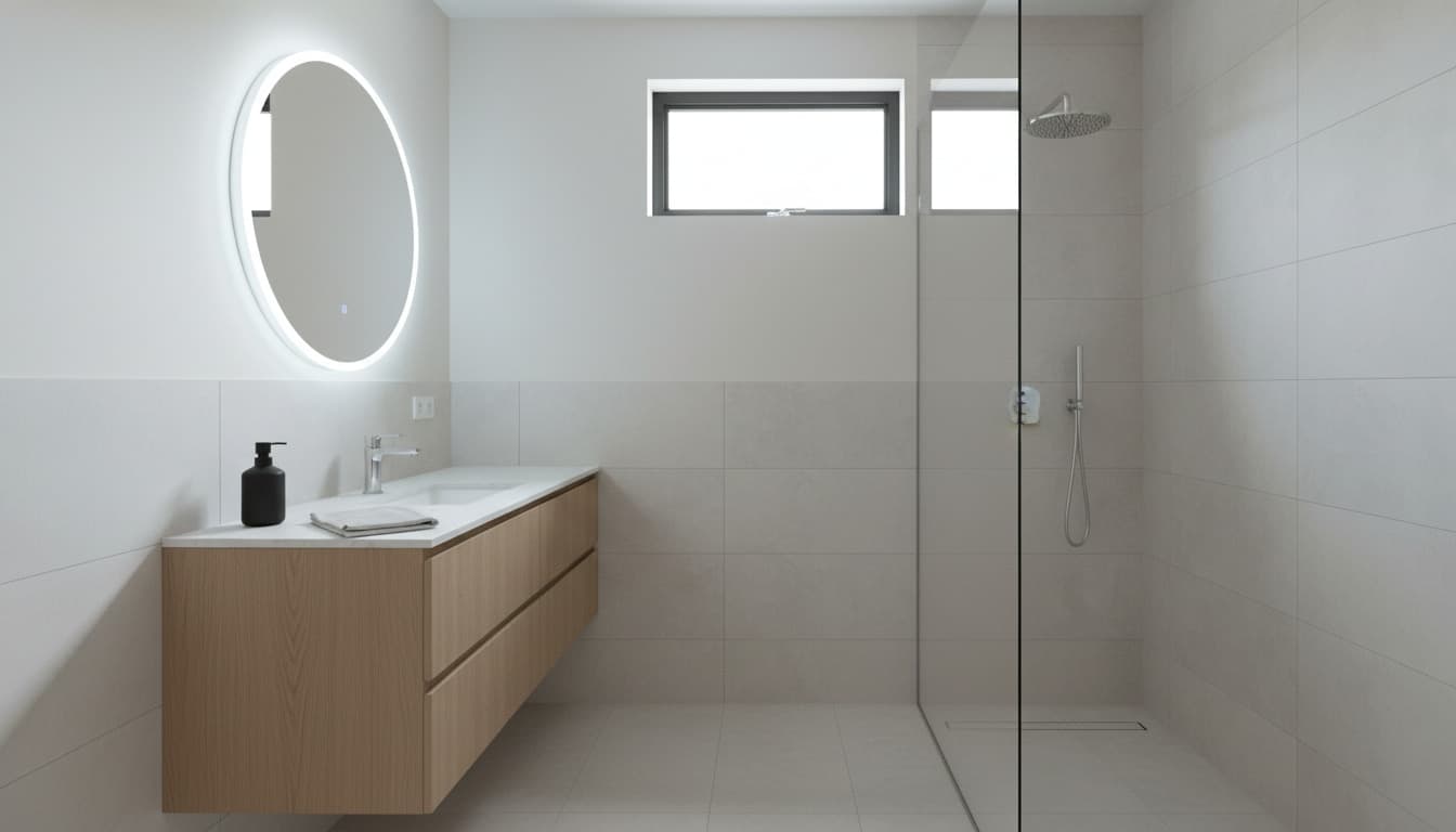A bright, airy bathroom rendered in one of 32 styles — visitors can keep conjuring more takes from the same canvas