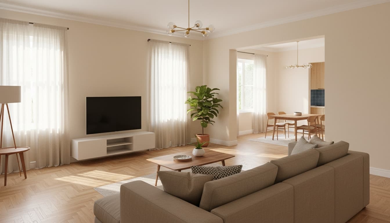 Photoreal living room rendered from the same single-story modern home plan shown on the Decode any blueprint tile — adjacent dining and kitchen visible through the doorway