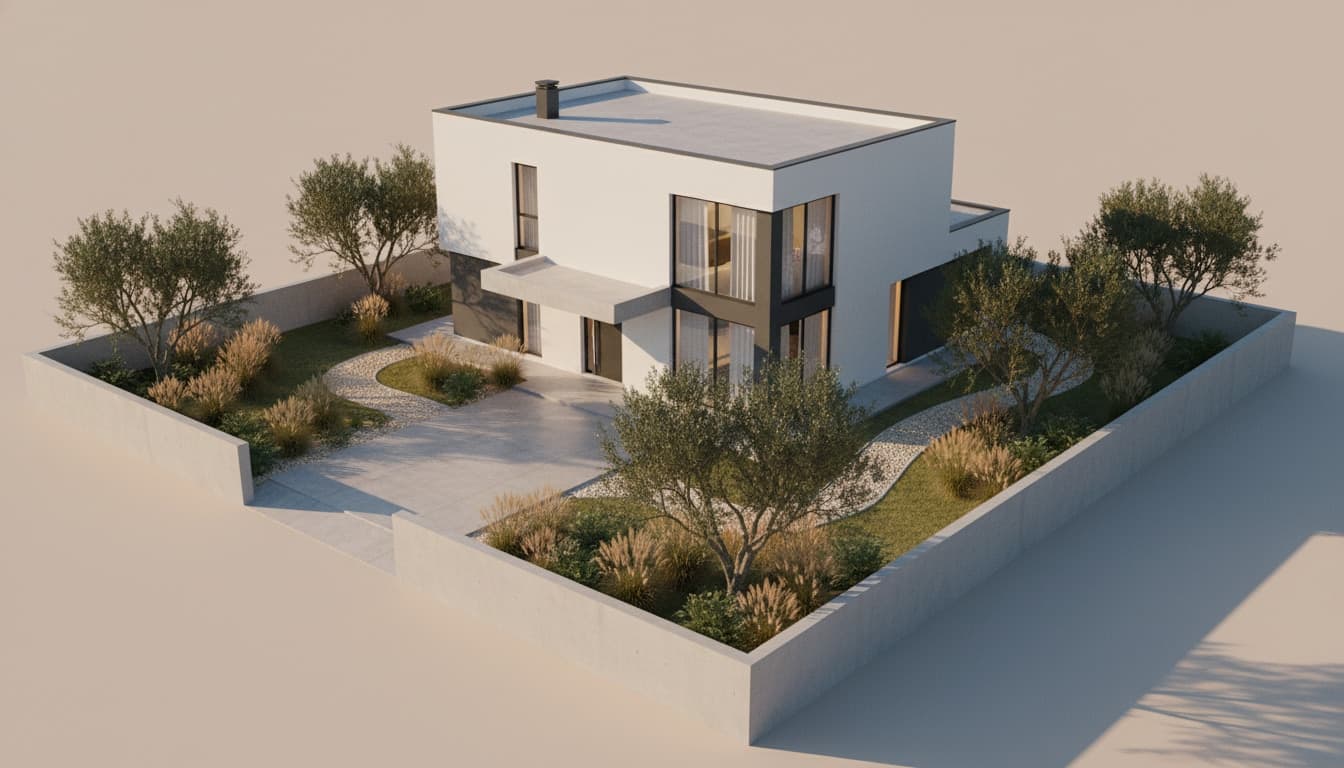 Aerial view of a contemporary villa rendered onto the visitor's empty plot — boundary walls, driveway, gardens, and four corner trees all matching the source site plan
