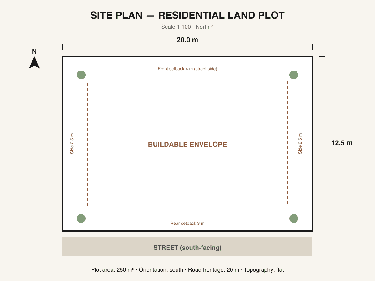 A bare land plot transformed into a traditional Palestinian stone villa — hand-dressed Jerusalem limestone, paired arched upper windows, carved entrance portal, wrought-iron gate set into a low stone boundary wall, olive trees flanking the entry — before