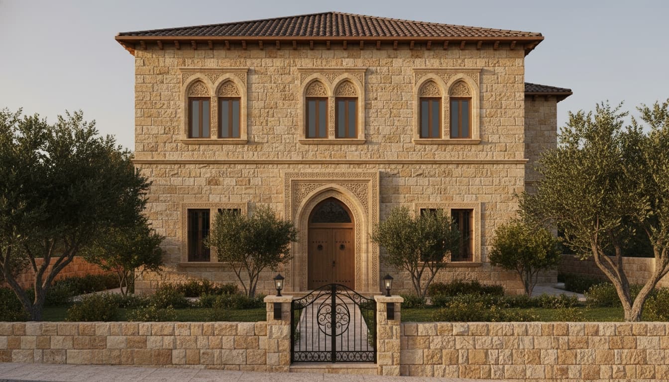 A bare land plot transformed into a traditional Palestinian stone villa — hand-dressed Jerusalem limestone, paired arched upper windows, carved entrance portal, wrought-iron gate set into a low stone boundary wall, olive trees flanking the entry — after