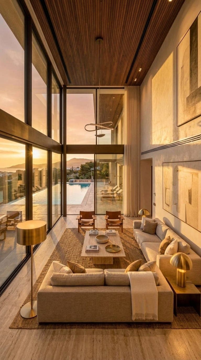 An AI-designed living room with warm evening light